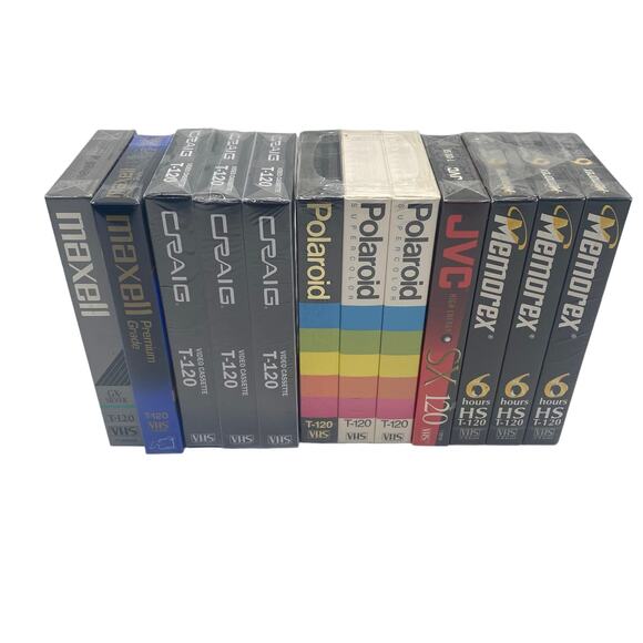 VHS Mixed Lot of 12 Cassette New Sealed Maxell, Craig, Polaroid, JVC, Memorex - Picture 1 of 2